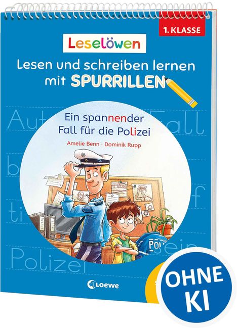 Text: "Leselöwen", "SPURRILLEN", "Ein spannender Fall für die Polizei". Illustration: Polizist und Junge vor Schreibtisch.