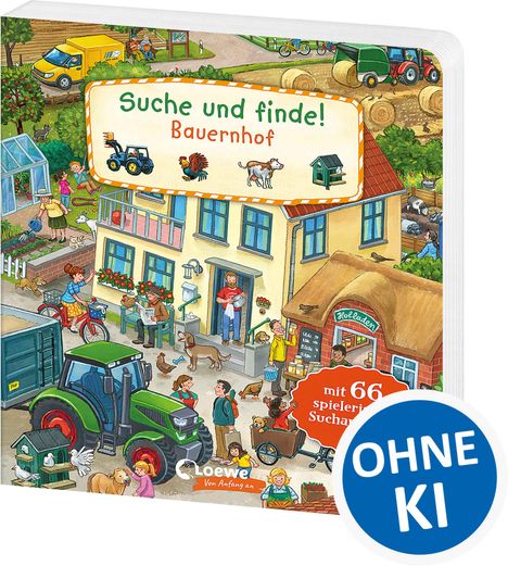 "Suche und finde! Bauernhof", Illustration eines lebendigen Bauernhofs mit Menschen, Tieren, Traktor und einem Hofladen.