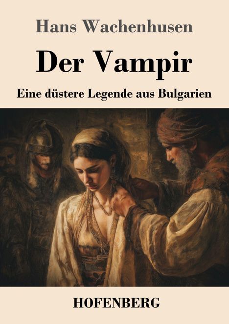 Text: "Hans Wachenhusen Der Vampir Eine düstere Legende aus Bulgarien HOFENBERG." 
Illustration: Drei Personen in traditioneller Kleidung.