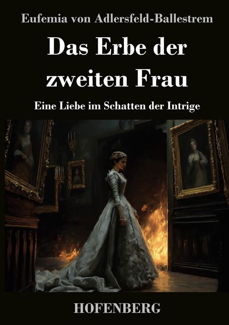 "Das Erbe der zweiten Frau" von Eufemia von Adlersfeld-Ballestrem. Frau im Kleid vor brennendem Hintergrund in einem Raum mit Gemälden.