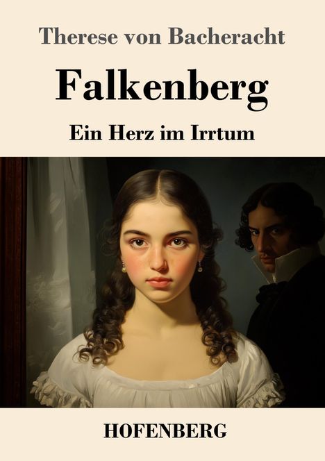 „Therese von Bacheracht: Falkenberg. Ein Herz im Irrtum. HOFENBERG.“ Illustration zweier junger Menschen in eleganter Kleidung.