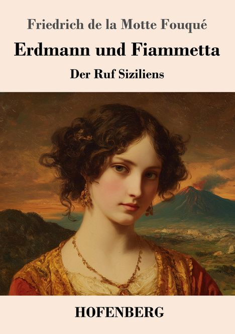"Friedrich de la Motte Fouqué, Erdmann und Fiammetta, Der Ruf Siziliens, HOFENBERG." Eine Frau vor einem Vulkan in einem Gemälde.
