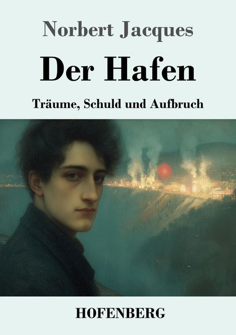 Titel: "Der Hafen - Träume, Schuld und Aufbruch" von Norbert Jacques. Gemälde eines Mannes vor einer leuchtenden Stadt.