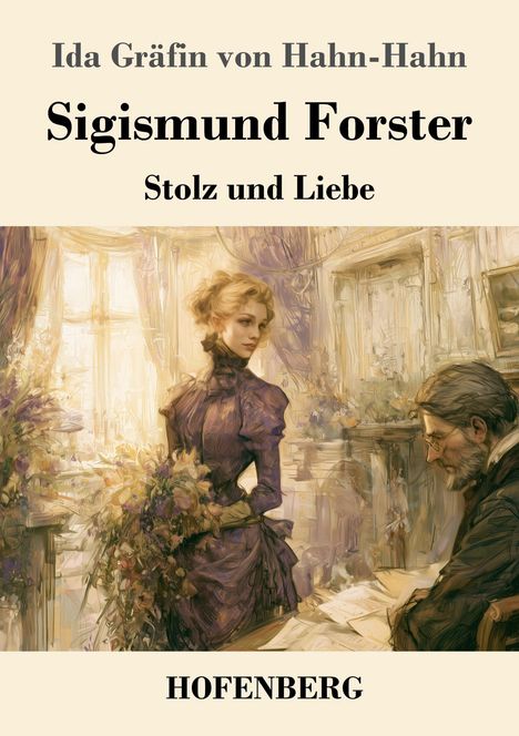 Der Text zeigt: "Ida Gräfin von Hahn-Hahn. Sigismund Forster. Stolz und Liebe. HOFENBERG". Eine Frau in historischem Kleid hält Blumen. Ein sitzender Mann blickt auf Papiere.