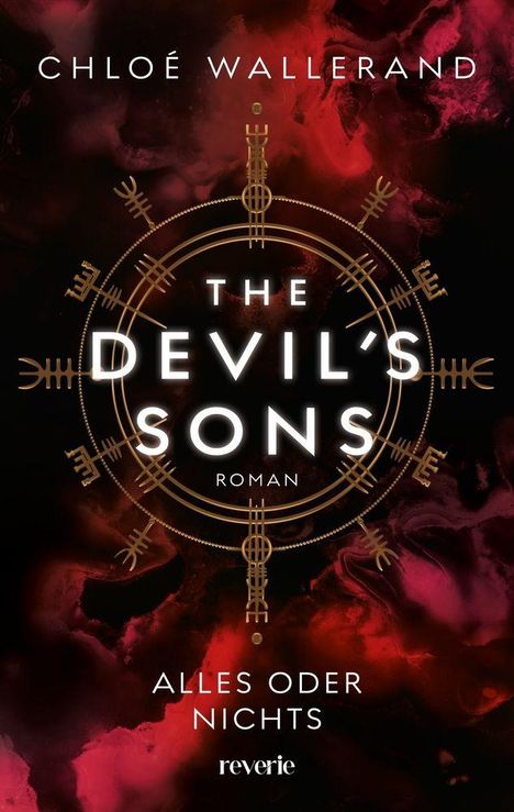 "THE DEVIL'S SONS" von Chloé Wallerand, Roman. Illustration mit Symbolen auf dunklem, wirbelndem Hintergrund in Rot und Schwarz.