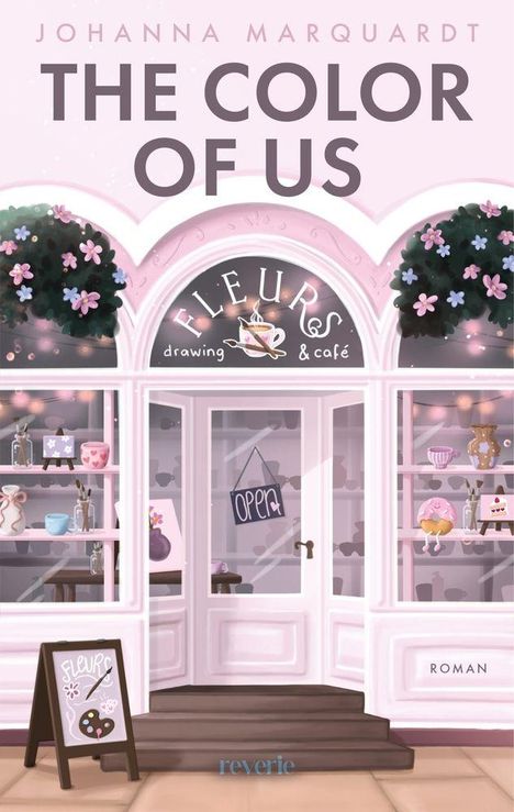 JOHANNA MARQUARDT, THE COLOR OF US, FLEURS drawing & café. Schild „Open“. Malpalette und Torte im Schaufenster.