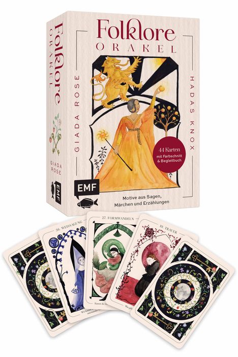 "Folklore Orakel" und "44 Karten mit Farbschnitt & Begleitbuch". Fünf detailreiche, gemalte Karten mit verschiedenen Motiven.