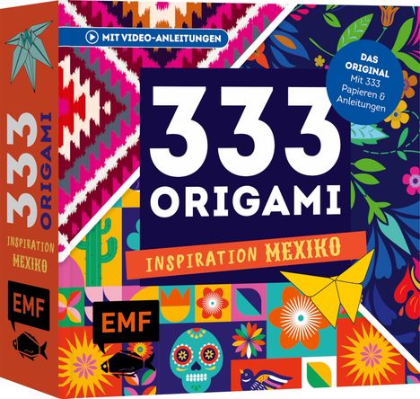 Text: "333 Origami", "Inspiration Mexiko", "Mit Video-Anleitungen", "Das Original Mit 333 Papieren & Anleitungen".  
Bunte Muster und Origami-Designs.