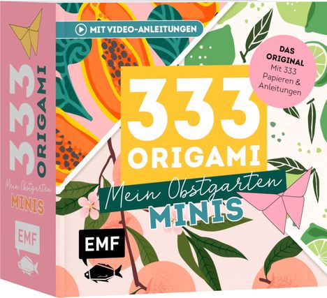 "333 Origami, Mein Obstgarten MINIS" mit Video-Anleitungen. Farbenfroh mit Obst- und Blattmotiven, Origami-Logo oben links.
