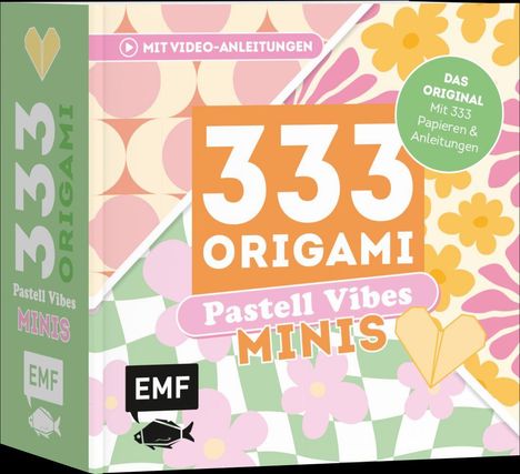 „333 ORIGAMI“, „Pastell Vibes MINIS“, „Das Original mit 333 Papieren“, farbenfrohe Blumenmuster in Pastell.