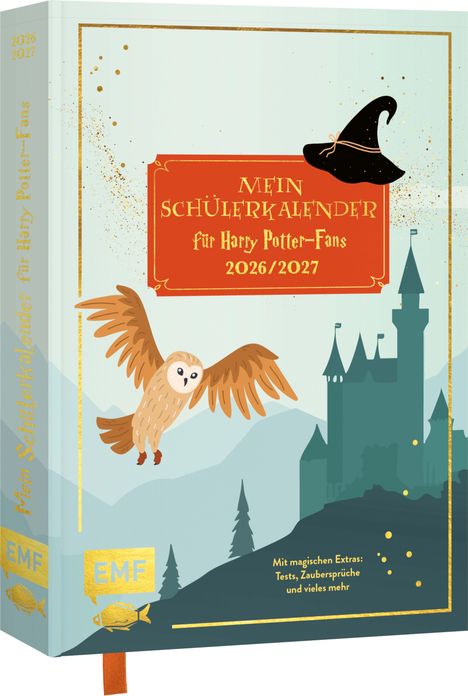 Ein Schülerkalender für Harry Potter-Fans 2026/2027 mit Eule, Schloss und Hexenhut-Illustration.