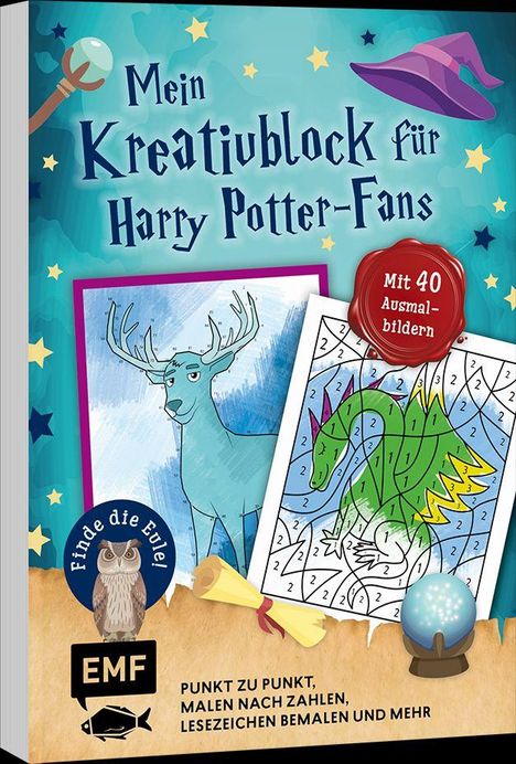 "Mein Kreativblock für Harry Potter-Fans", mit Zeichnung eines blauen Hirsches und einem Malen-nach-Zahlen-Bild eines Drachens.