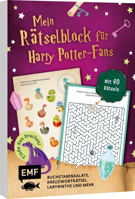 "Mein Rätselblock für Harry Potter-Fans" mit 40 Rätseln. Bunte Illustrationen von Drachen und ein Labyrinth sind zu sehen.