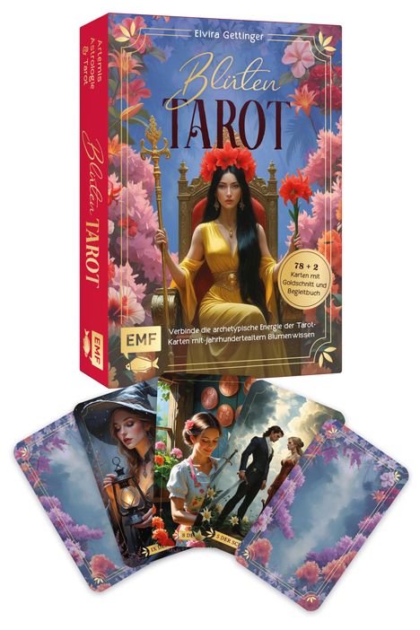 Die Karte "Blüten Tarot" zeigt eine elegante Frau mit roter Blütenkrone, umgeben von Blumen, auf einem prächtigen Thron.