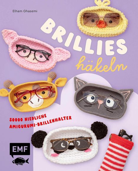 Text: "Brillies häkeln", "Soooo niedliche Amigurumi-Brillenhalter", "EMF". Gehäkelte Tiergesichter als Brillenhalter auf lila Hintergrund.