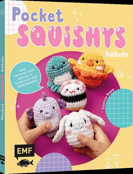 "Pocket Squishys häkeln" in pinker und lila Schrift. Gehäkelte Figuren: Dinosaurier, Hase, Sushi, Huhn.