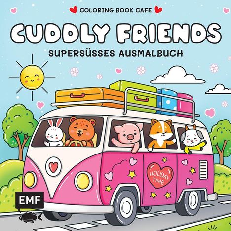 "Cuddly Friends: Supersüßes Ausmalbuch." Illustration: Tiere in einem pinken Bus mit Gepäck auf einem Ausflug.