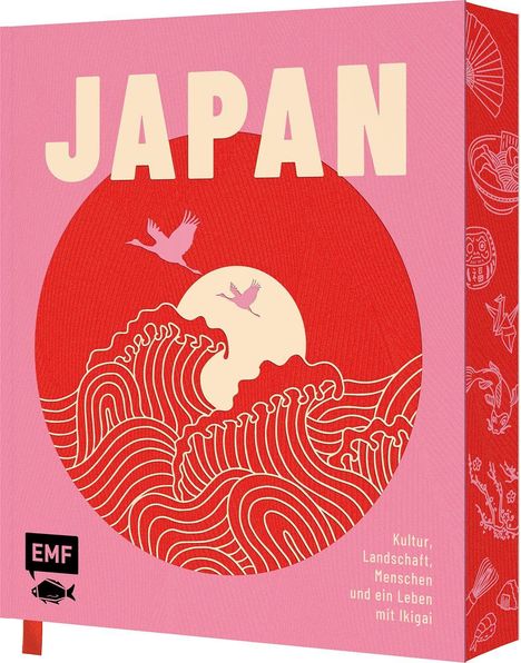 „JAPAN“ in großen Buchstaben, darunter „Kultur, Landschaft, Menschen und ein Leben mit Ikigai“. Illustration mit Wellen und Kranichen.