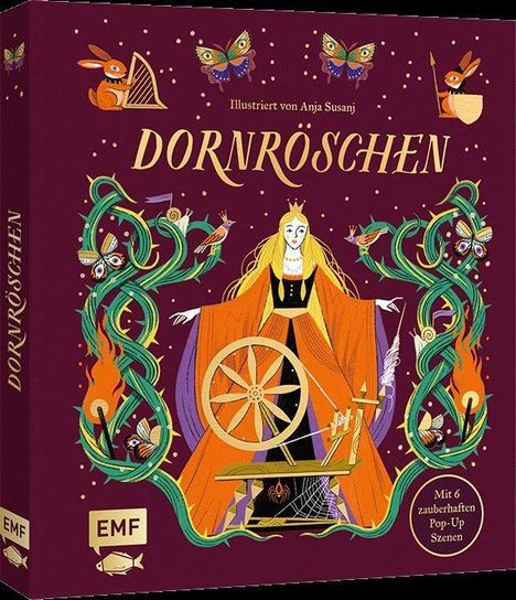 "Illustriert von Anja Susanj. DORNRÖSCHEN. Mit 6 zauberhaften Pop-Up Szenen." Illustration mit Prinzessin und Spinnrad.