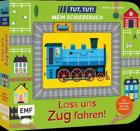 „Lass uns Zug fahren!“ und „TUT, TUT! MEIN SCHIEBEBUCH“ auf einem kinderfreundlichen Buchcover mit blauem Zug.