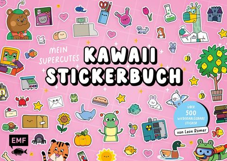„Mein supercutes Kawaii Stickerbuch“ auf rosa Hintergrund mit vielen bunten, niedlichen Stickern von Tieren und Objekten.