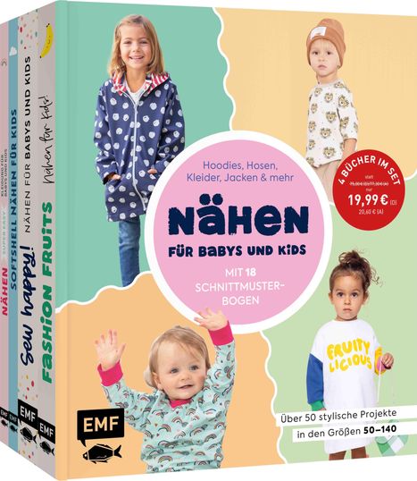 Buchset Nähen für Babys und Kids. Mit 18 Schnittmusterbogen. 4 Bücher im Set für 19,99 €. Kinder in bunter Kleidung.