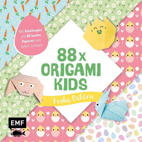 "88 x Origami Kids" und "Frohe Ostern" auf weißem Hintergrund, umgeben von buntem Papiermuster mit Küken und Hasen.