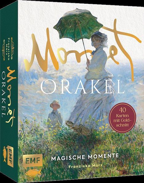 "Monet Orakel", "Magische Momente", "40 Karten mit Goldschnitt", "Franziska Marx", EMF-Logo. Impressionistisches Gemälde.