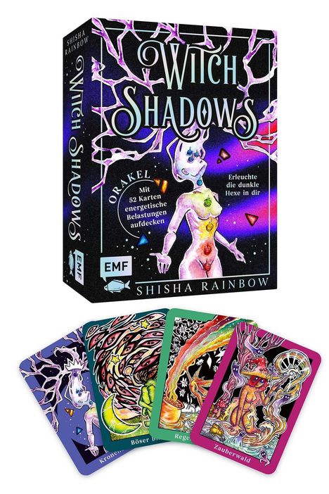 "Witch Shadows", "Orakel mit 52 Karten", "Erleuchte die dunkle Hexe in dir", bunte Karten mit mystischen Illustrationen.