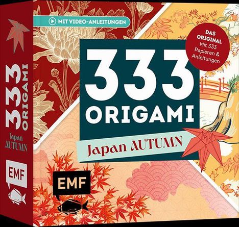 "333 ORIGAMI Japan AUTUMN" steht in großer Schrift. Bunte florale Muster und Origami-Elemente sind im Hintergrund.