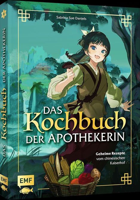 Illustration eines Mädchens mit Korb vor einer malerischen Landschaft. Text: "Das Kochbuch der Apothekerin".