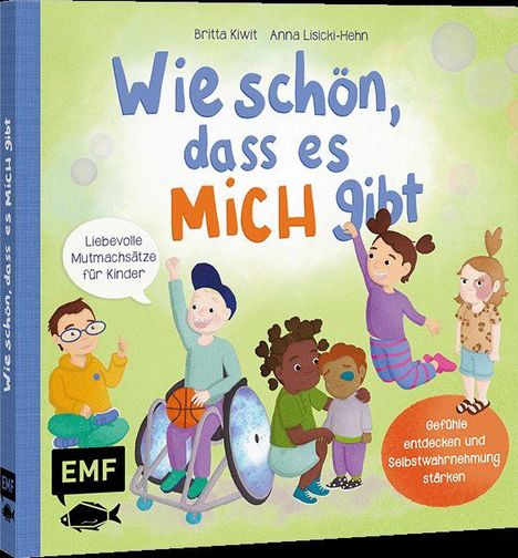 "Wie schön, dass es mich gibt" mit fröhlichen Kindern in einer bunten Illustration.