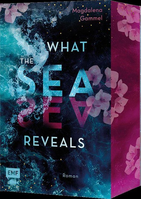 „What the Sea Reveals“, Magdalena Gammel, EMF, Roman. Abstrakte Meeresdarstellung, rosa Blüten an der Seite.