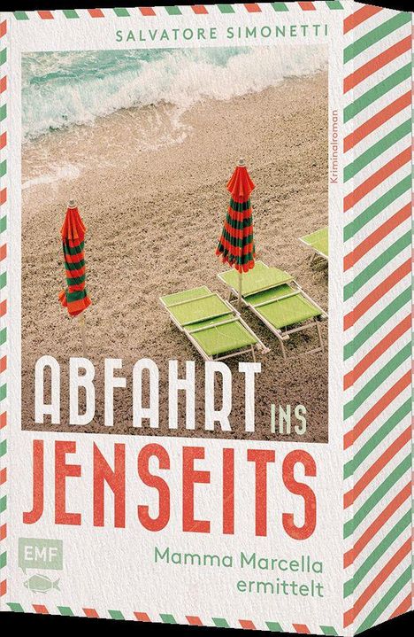Texte: "Salvatore Simonetti", "Abfahrt ins Jenseits", "Mamma Marcella ermittelt". Oben ein Strand mit Wellen, Liegen, Sonnenschirme.