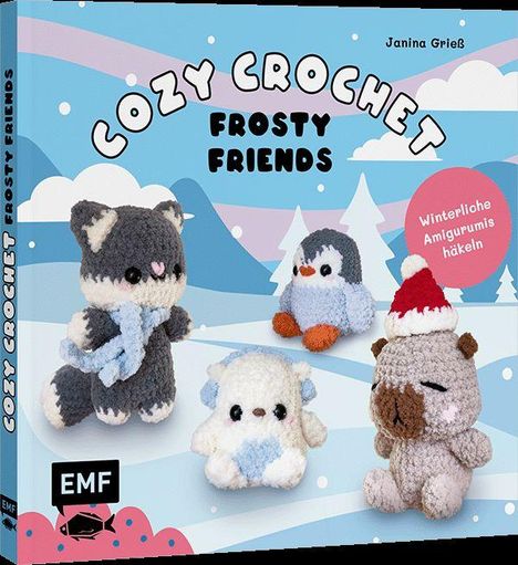 „Cozy Crochet Frosty Friends“ bietet gehäkelte Winterfiguren, darunter Tiere in einem verschneiten Landschaftsdesign.