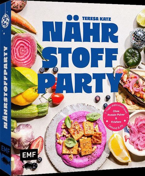 „Nährstoffparty“ von Teresa Katz. Farbenfrohes Gemüse und ein Teller mit Tofu auf pinkem Hummus.