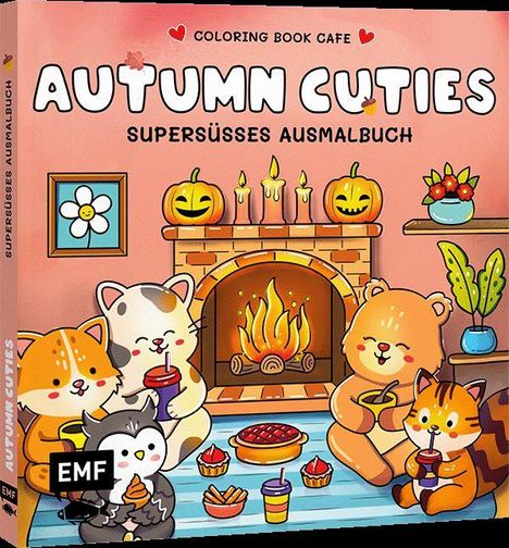 "Autumn Cuties. Supersüßes Ausmalbuch." Illustration: Tiere um einen Kamin mit Herbstdekoration, Kuchen und Getränken.