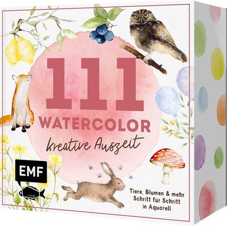 "111 WATERCOLOR kreative Auszeit" steht auf einem Aquarellhintergrund, umgeben von Tieren und Blumen.