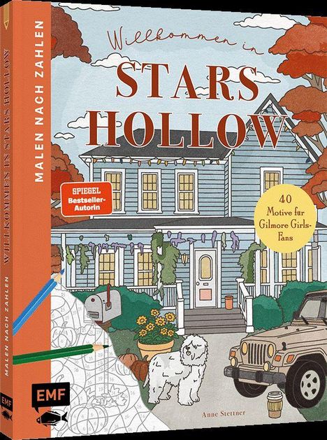 "Willkommen in Stars Hollow", "Malen nach Zahlen", "40 Motive für Gilmore Girls-Fans". Illustration eines Hauses und Autos.