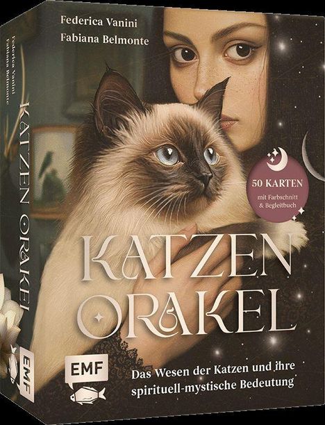 Buchcover: "Katzen Orakel", 50 Karten. Eine Frau hält eine Siamkatze. Mystisches Design mit Sternen.