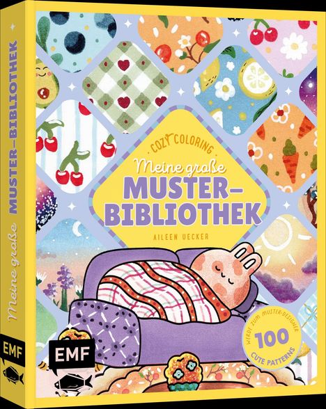"Meine große Muster-Bibliothek. Cozy Coloring. 100 Cute Patterns." Ein Hase liegt auf einem Sofa, umgeben von Mustern.