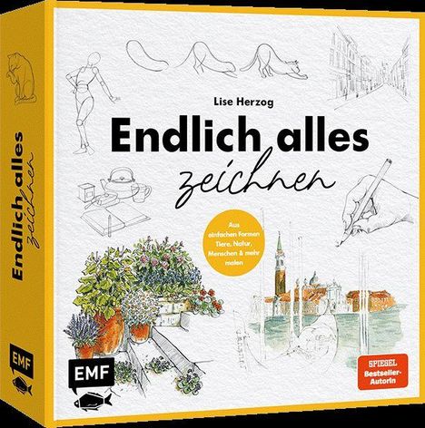 Text: "Lise Herzog Endlich alles zeichnen. Aus einfachen Formen Tiere, Natur, Menschen & mehr malen." Skizzen und Zeichnungen.