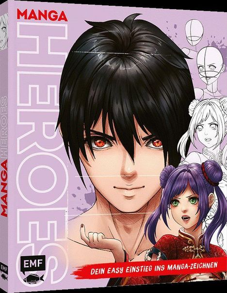 „MANGA HEROES“, „Dein easy Einstieg ins Manga-Zeichnen“. Illustration zweier Manga-Charaktere, männlich und weiblich.