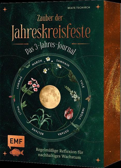 "Zauber der Jahreskreisfeste: Das 3-Jahres-Journal"; Illustration mit Jahreskreis und Blumen, EMF-Logo.