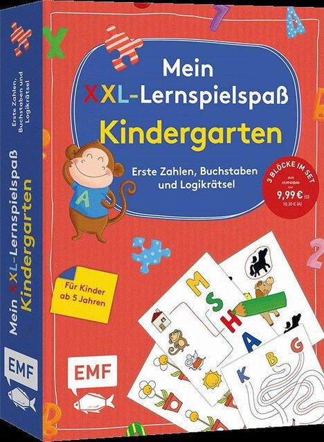 "Mein XXL-Lernspielspaß Kindergarten", Alter: ab 5 Jahren. Ein fröhlicher Affe, Spielkarten und bunte Buchstaben sind zu sehen.