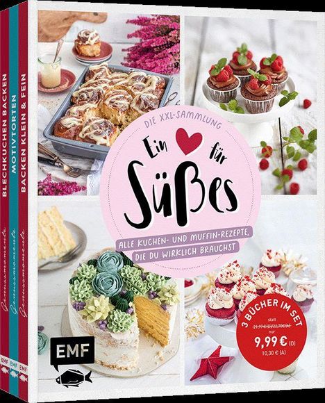 Logo mit Text: "Ein Herz für Süßes", "Alle Kuchen- und Muffin-Rezepte, die du wirklich brauchst." Torten und Muffins abgebildet.