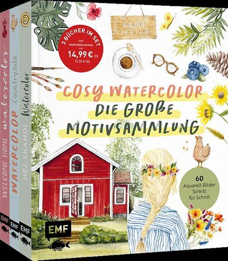 „3 Bücher im Set, 14,99 €“, „Cosy Watercolor – Die große Motivsammlung“, „60 Aquarell-Bilder Schritt für Schritt“. Zeichnung: Frau vor rotem Haus.
