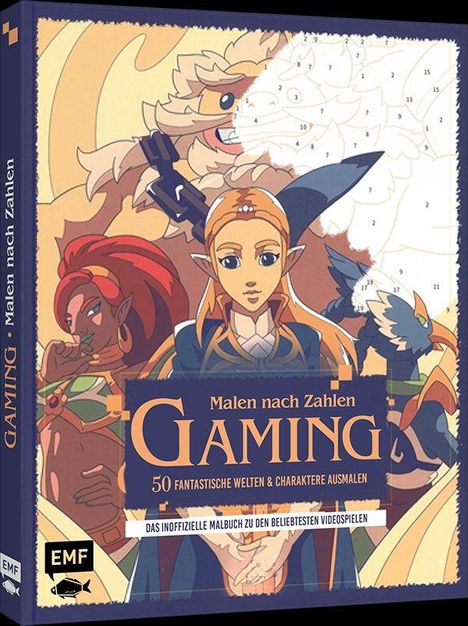 "Malen nach Zahlen Gaming: 50 fantastische Welten & Charaktere ausmalen. Das inoffizielle Malbuch zu den beliebtesten Videospielen."  
Drei Fantasiecharaktere und ein unvollständig ausgemaltes Bild im Hintergrund.