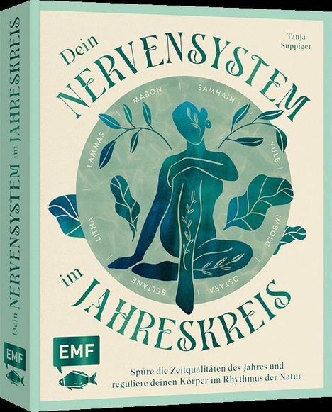 "Dein Nervensystem im Jahreskreis" in großen Buchstaben. Illustration einer sitzenden Figur mit Pflanzenmotiven.