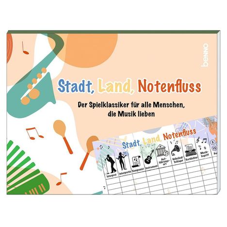 „Stadt, Land, Notenfluss“, ein Spiel für Musikliebhaber. Bunte Instrumente und Noten zieren den Hintergrund.
